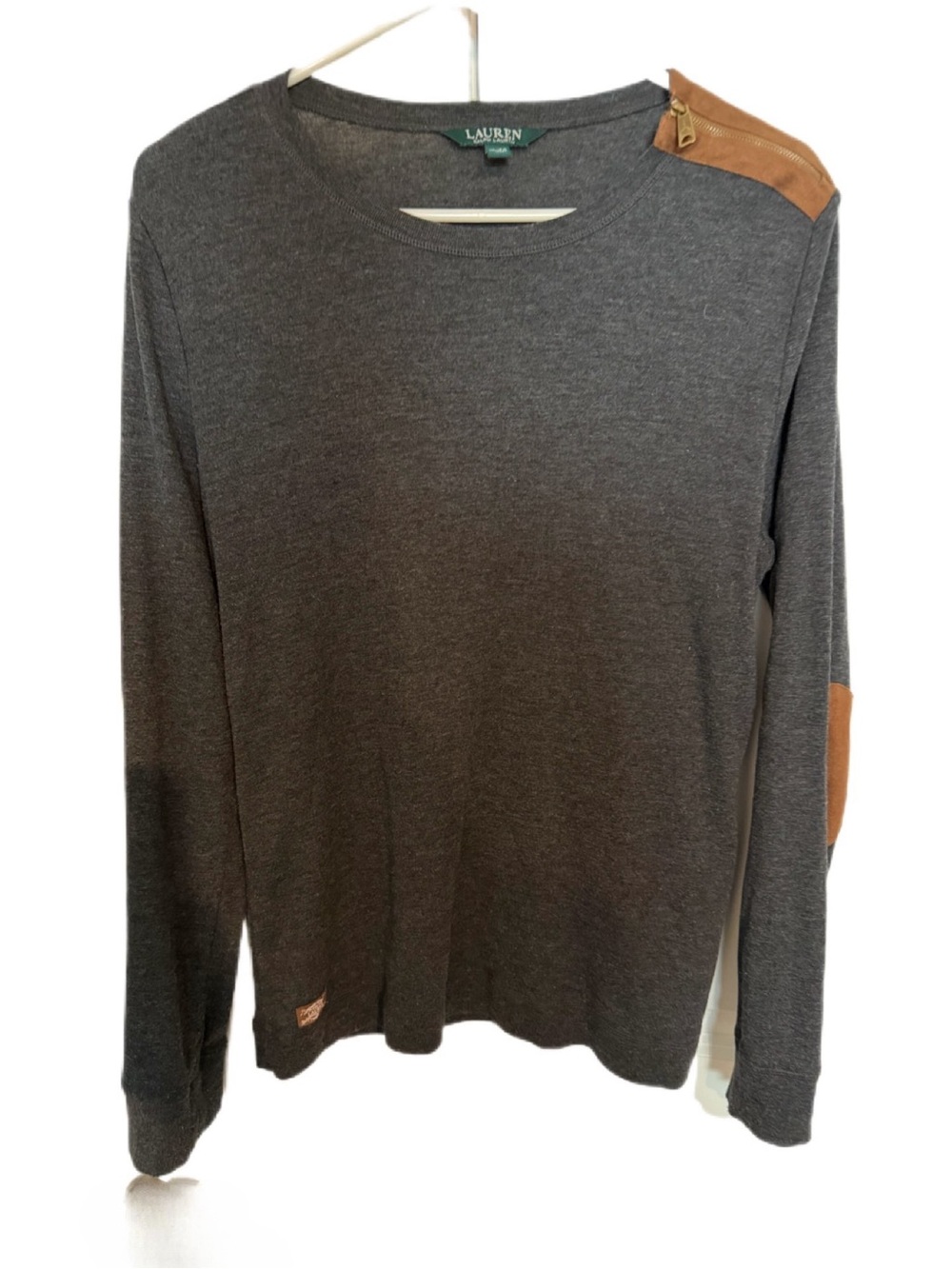 Ralph Lauren Charcoal Crewneck Sweater with Brown Shoulder and Elbow Accents